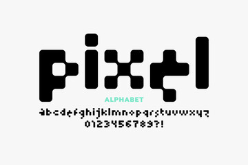 Aufkleber - pixel style font, alphabet letters and numbers, vector illustration