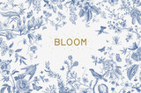 Fototapeta Storczyk - Greeting card. Bloom. Chinoiserie. Horizontal frame. Vintage floral illustration. Blue and white