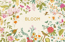 Greeting Card. Bloom. Blooming Tree. Horizontal Frame. Vintage Floral Illustration