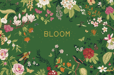 Greeting card. Bloom. Chinoiserie. Horizontal frame. Vintage floral illustration. Green