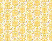 Seamless Pattern With Detailed Illustrations Of Gold Beetle Insects On A White Background, In Vertical Repeat.