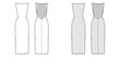 Dress backless technical fashion illustration with fitted body, floor maxi length pencil skirt, boat neckline. Flat evening apparel front, back, white, grey color style. Women, men unisex CAD mockup