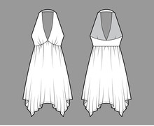 Dress Handkerchief Hem Chemise Technical Fashion Illustration With Sleeveless, Empire Seam Halter Neckline, Circular Skirt. Flat Apparel Front, Back, White Color Style. Women, Men Unisex CAD Mockup
