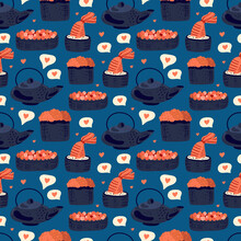 Sushi Seamless Pattern. Japanese Food. Vector Illustration. Funny Colored Typography Poster, Apparel Print Design. Scandinavian Nordic Design For Bar Or Interior Or Cover Or Textile Or Background.
