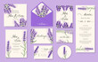 Wedding watercolor lavender floral invitation, thank you, reply, menu, rsvp.