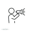 announce in loudspeaker, icon, public advocacy through megaphone, speaker man with news, loud voice warning, thin line symbol on white background - editable stroke vector eps10