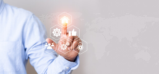Business creative idea technology icons design hand touching multi symbol, Concept professional presentation show application  internet network commucation and connection system conceptual background.