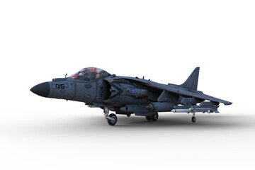 Wall Mural - 3D illustration of a grey jet fighter aircraft armed with missiles and with undercarriage down on the ground isolated on a white background.