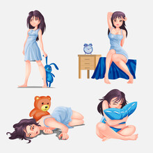 Set With Girl In Pajamas Or Nightie. Sleepy Woman With Pillow And Teddy Bear, Wakes Up From An Alarm Clock, Standing With A Bunny. Cute Cartoon Girl Character At Night And In The Morning. Isolated