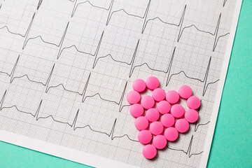 Wall Mural - A pile of red pills in a shape of heart on cardiogram.