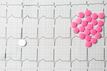 Wall Mural - A pile of red pills in a shape of heart on cardiogram.