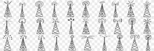 Fir Tree With Signals On Top Doodle Set. Collection Of Hand Drawn Various Fir Trees Or Out Power Transmission Different Signals On Tops In Rows Isolated On Transparent Background 