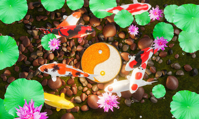 A group of koi or fancy crap swim in a circle. Surrounding the yin and yang signs conveys feng shui. The floor of the pond is full of rocks. And pink lotus 3D Rendering.