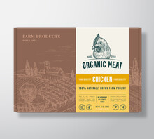 Premium Quality Chicken Meat Mock Up. Vector Poultry Packaging Label Design On A Cardboard Box Container. Modern Typography And Hand Drawn Bird Face And Rural Landscape Sketch Background Layout