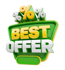 Wall Mural - Label Green and yellow Best Offer isolated on white background with percentages icons. 3d illustration