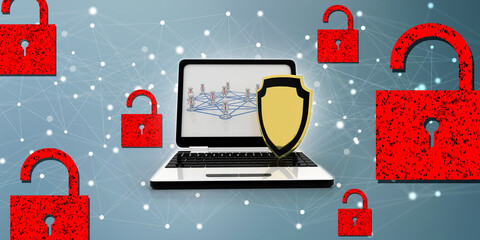 Poster - laptop with shield. Isolated 3d rendering image