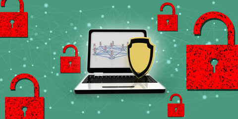 Poster - laptop with shield. Isolated 3d rendering image