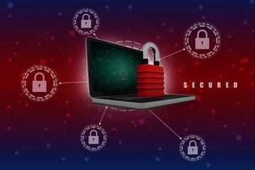 Sticker - 3d illustration Safety concept: Closed Padlock with laptop on digital background