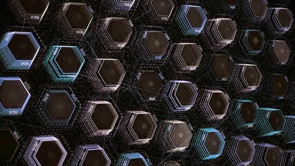Poster - Abstract background with colorful hexagons, seamless loop. Animation. Technologic electricity backdrop, rows of hexagon blurred shapes.