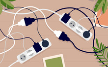 Messy Electrical Chords And Clutter At Home - Floor With Extension Sockets Cables, Chargers And Wire Mess. Vector Illustration.