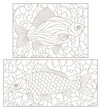 A set of contour illustrations in the stained glass style with carp fishes on a background of algae, dark contours on a white background, rectangular images