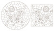 Set of contour illustrations in the style of stained glass with steam punk signs of the zodiac Taurus, dark contours on a white background