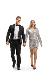 Poster - Full length portrait of a young elegant couple walking towards camera and holding hands