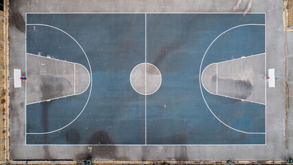 Top down view of public basketball court. School college with Basketball court