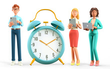3D Illustration Of Business People Team Standing Nearby A Huge Vintage Alarm Clock. Happy Multicultural Human Characters Using Digital Tablets And Laptops. Successful Teamwork, Task Due Dates.