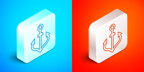 Sticker - Isometric line Anchor icon isolated on blue and red background. Silver square button. Vector