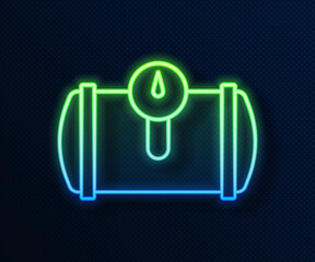 Sticker - Glowing neon line Gas tank for vehicle icon isolated on blue background. Gas tanks are installed in a car. Vector