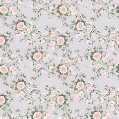  Seamless floral pattern drawn by paints on paper blooming branches of roses 