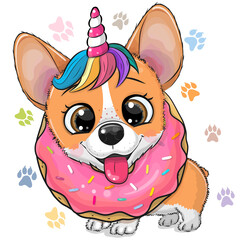 Cartoon Corgi with horn of Unicorn and donut