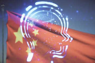 Poster - Abstract virtual artificial Intelligence concept with human head sketch on Chinese flag and blue sky background. Double exposure