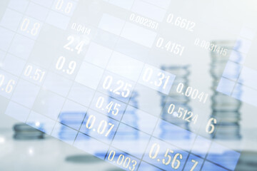 Poster - Abstract virtual analytics data spreadsheet on coins background, analytics and analysis concept. Multiexposure