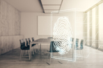 Poster - Double exposure of virtual creative fingerprint hologram on a modern boardroom background, protection of personal information concept
