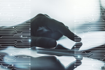 Poster - Creative abstract micro chip hologram and finger presses on a digital tablet on background, artificial intelligence and machine learning concept. Multi exposure
