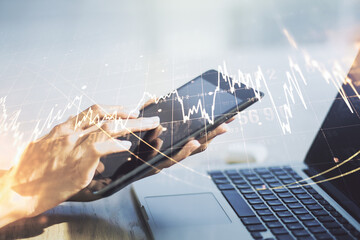 Multi exposure of abstract creative financial graph with finger presses on a digital tablet on background, forex and investment concept