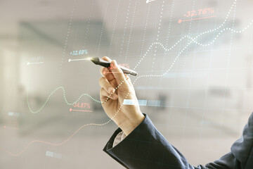 Poster - Multi exposure of male hand with pen working with stats data illustration on blurred office background, computing and analytics concept