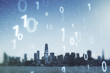 Poster - Double exposure of abstract virtual binary code hologram on San Francisco city skyscrapers background. Database and programming concept
