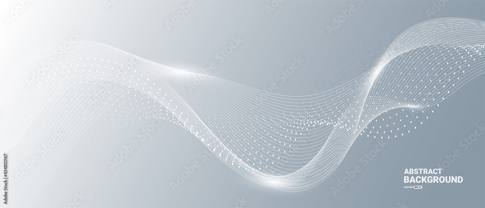 Grey white abstract background with flowing particles. Digital future ...