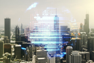Poster - Multi exposure of abstract graphic coding sketch and world map on Chicago cityscape background, big data and networking concept