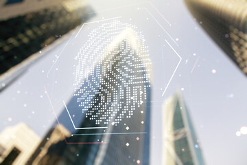 Poster - Multi exposure of virtual graphic fingerprint sketch on modern architecture background, fingerprint scan data concept