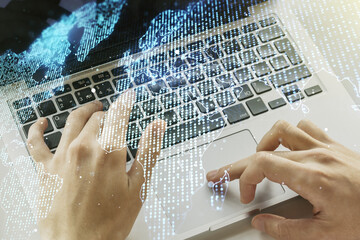 Aufkleber - Multi exposure of abstract creative digital world map and hand typing on computer keyboard on background, research and analytics concept