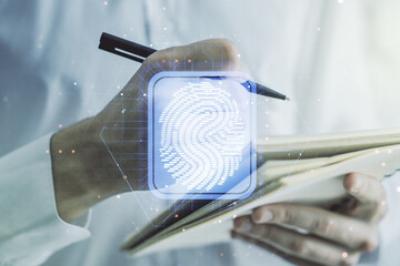 Aufkleber - Multi exposure of abstract graphic fingerprint sketch with man hand writing in diary on background, fingerprint scan data concept