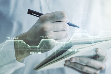 Poster - Multi exposure of abstract statistics data hologram interface with man hand writing in notepad on background, computing and analytics concept