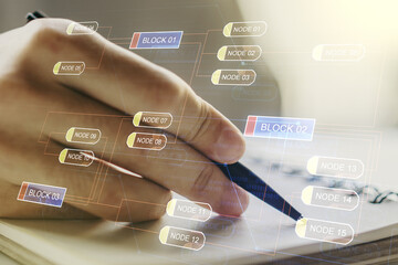 Poster - Multi exposure of abstract programming language hologram with man hand writing in notepad on background, artificial intelligence and machine learning concept