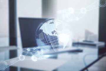 Poster - creative abstract robotics technology hologram with globe on modern computer background, artificial 