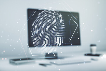 Poster - Multi exposure of abstract creative fingerprint illustration on modern laptop background, digital access concept