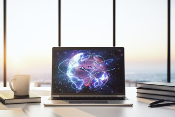 Poster - Abstract digital world map with connections on modern computer monitor, big data and blockchain concept. 3D Rendering